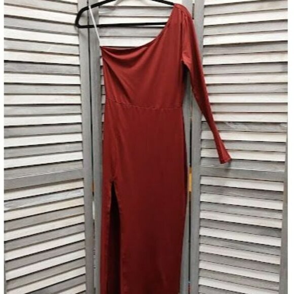 One Shoulder Long Sleeve Split Thigh Cocktail Party Maxi Dress | Small - Picture 6 of 11